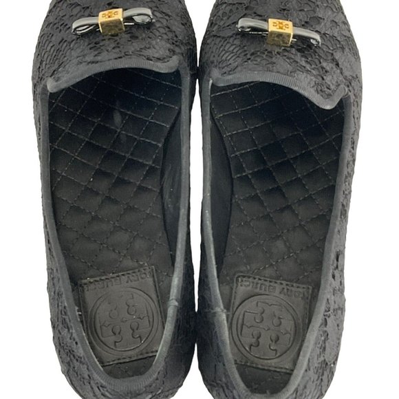 Tory Burch Shoes Womens Sz 6.5 Blk Chandra Loafer Satin + Fabric Lace Flat - Picture 6 of 16